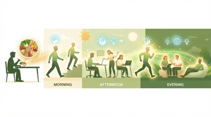 Fototapeta premium People engage in different activities at various times of the day while focusing on benefits from healthy food choices and nutrition.