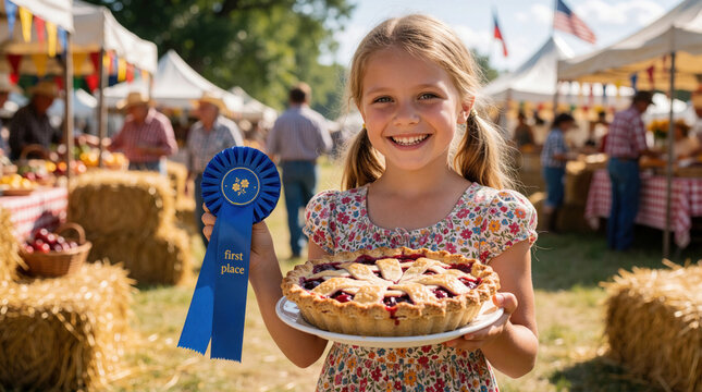Happy girl holds homemade cherry pie, blue winner ribbon at country fair outdoor. Smiling child celebrates baking contest victory during rural summer festival competition. Proud young baker wins
