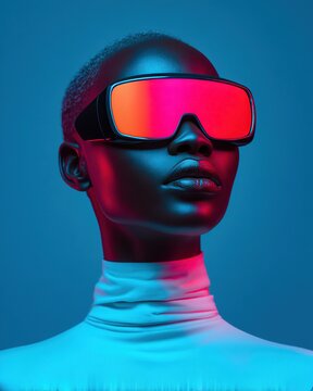 A futuristic portrait of a person wearing large reflective VR goggles, illuminated with vibrant blue and red lighting against a blue background.