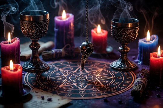 Candlelit occult ceremony features a pendulum over a mystic symbol circle. Chalices and smoke enhance the mysterious ritual atmosphere. Esoteric objects create a dark spiritual mood.