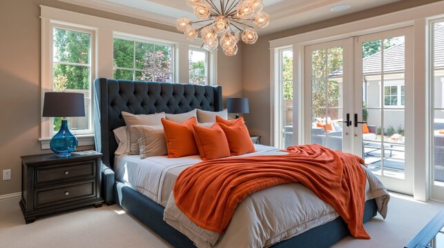 Luxurious bedroom features a dark blue tufted bed, bright orange accents, and a distinctive sputnik-style chandelier.