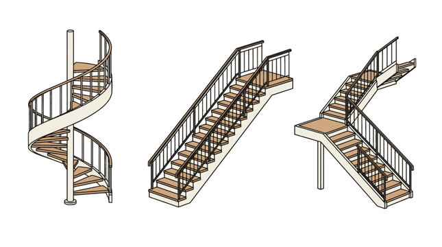 Set of three isometric wooden stairs with black metal railings.