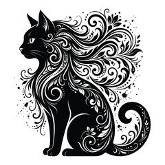 Obraz premium Tribal Floral Black Cat silhouette Vector Black cat silhouette with floral patterns. Ornamental Swirls