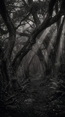 Obraz premium Misty forest path with sun rays. Dark woodland landscape with ethereal light beams.