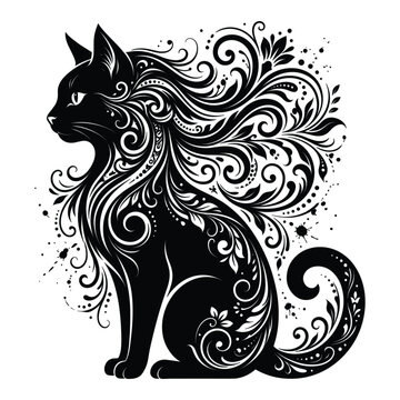 Tribal Floral Black Cat  silhouette Vector Black cat silhouette with floral patterns. Ornamental Swirls