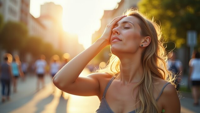 Young woman suffering from summer heat in city street at sunset, feeling hot during heatwave, urban lifestyle concept with warm sunlight, high temperature and exhaustion	
