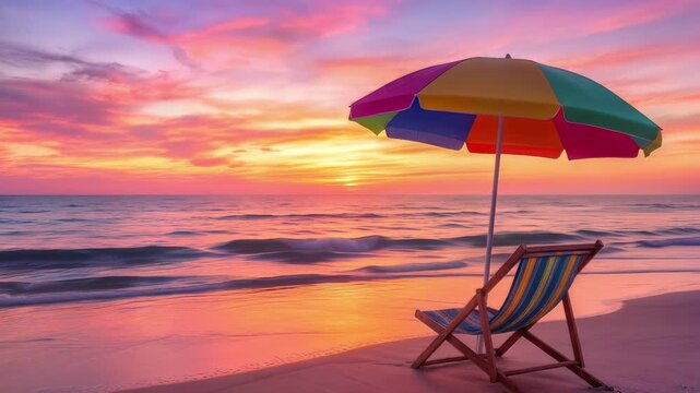 Beach chair and colorful umbrella on sandy shore at sunset. Lockdown shot of tropical coastline with vibrant purple and orange sky.