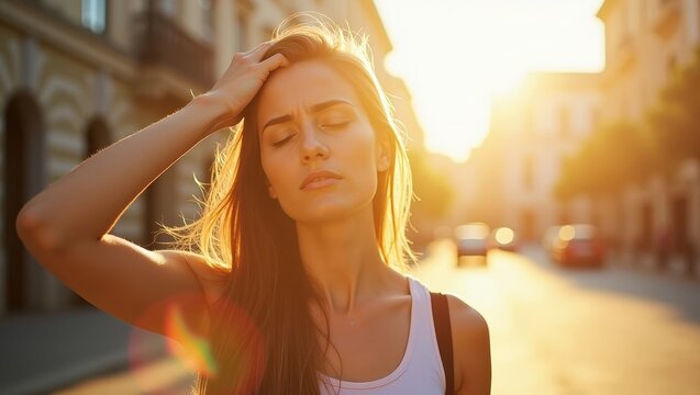 Young woman suffering from summer heat in city street at sunset, feeling hot during heatwave, urban lifestyle concept with warm sunlight, high temperature and exhaustion	