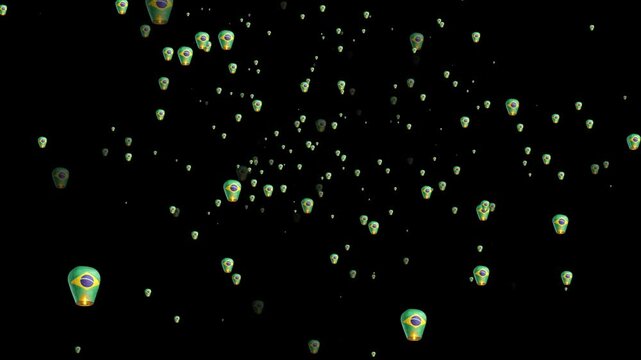 Brazil flag sky lanterns floating in night sky background, festive celebration motion overlay brazilian