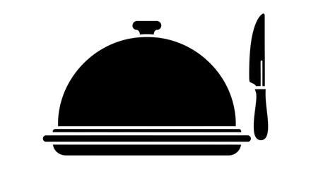 Fototapeta premium A minimalist black and white icon depicting a silver food serving dome cloche platter with a sharp table knife beside