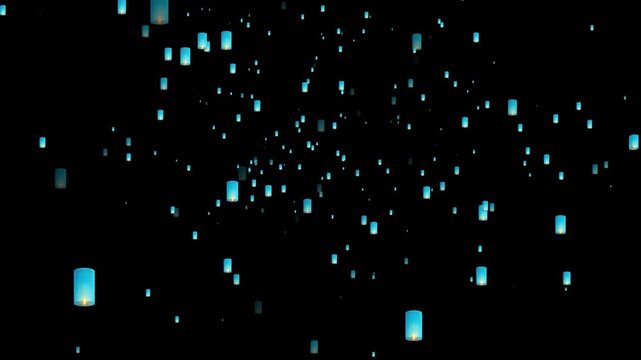 Floating blue sky lanterns rising in dark night sky, magical glowing paper lights background, for celebration and events