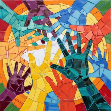 Colorful mosaic art of raised hands. Unity and diversity concept.
