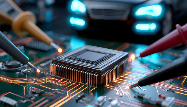 Close-up of an automotive semiconductor package on a printed circuit board, with copper traces, bonding wires, an EMI shield can, oscilloscope probes, and a glowing car dashboard module
