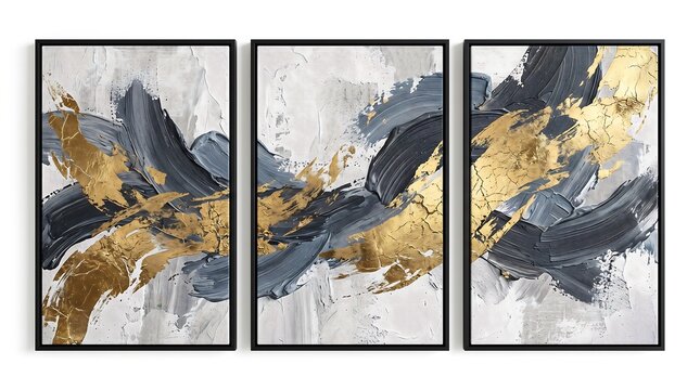 Abstract triptych wall art with bold navy charcoal brushstroke splashes and gold accents flowing across a soft gray and cream background