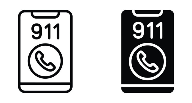 Emergency 911 call icon set on smartphone screen showing dialer button for police fire ambulance and urgent medical assistance services