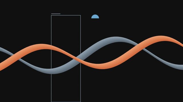 Abstract dynamic background with two interwoven wavy lines moving across black screen looping.