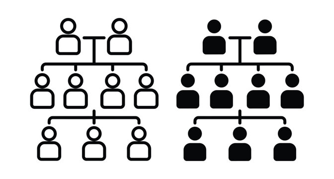 Organizational chart icons showing corporate hierarchy structure with team members and leadership levels in outline and solid black vector styles