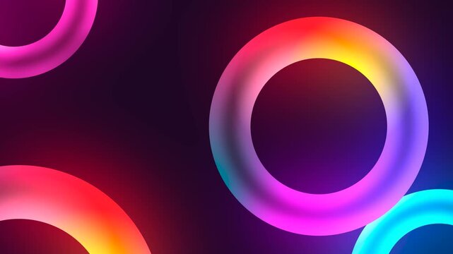 Neon gradient torus rings abstract motion background, vibrant 3 d glowing circles loop for modern digital presentations