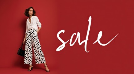 Fototapeta premium Stylish woman in polka dot wide leg pants posing beside a large sale message on red