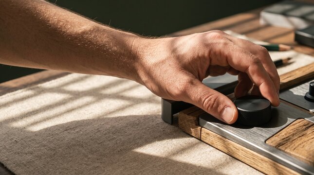 A person adjusting a black metallic control knob on a modern wooden and metal console device in a sunlit workspace