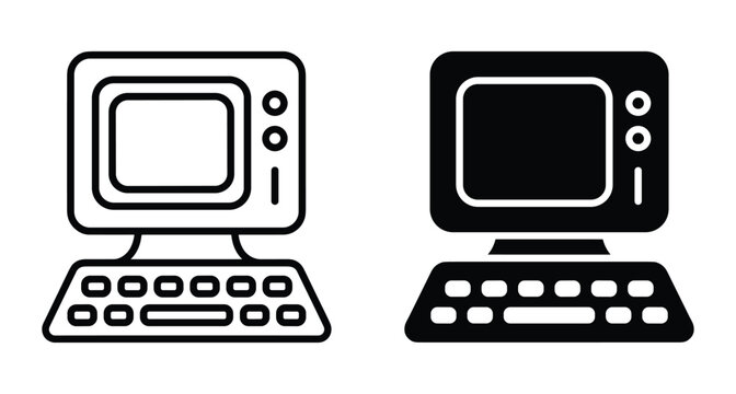 Retro personal computer icon set featuring vintage desktop monitor and keyboard in outline and solid black glyph style for technology