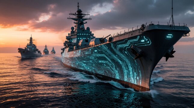 Futuristic navy ships with glowing circuit patterns sail on ocean waves at sunset. A naval fleet moves across the sea with advanced technology.