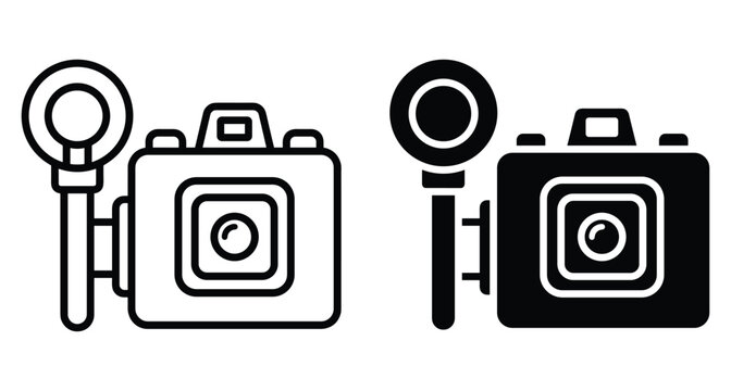Vintage camera icon set with external flash attachment in outline and solid black style for photography and media design projects