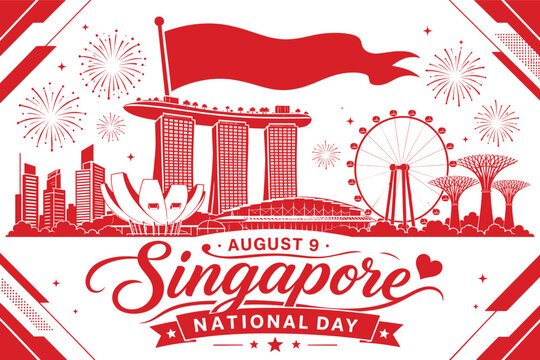 Singapore national day celebration illustration with city skyline and fireworks