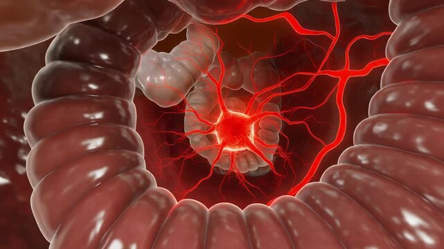 Inflamed Meissner Plexus Beneath Semi Transparent Intestinal Wall Showing Neural Network for Medical Education