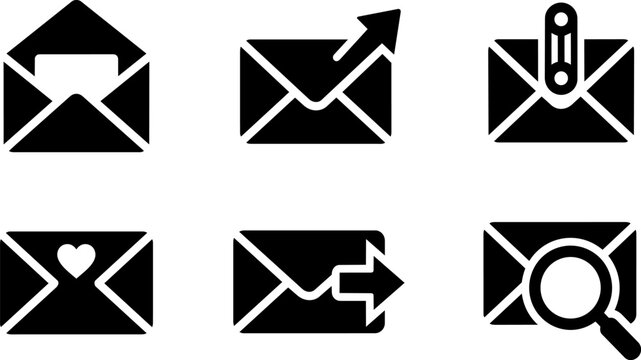 Vector Mail and Email Envelope Icon Set, Black Glyph Symbols of Inbox, Outbox, Attachment, Love Letter, Send and Search Message for Web and Mobile Interface