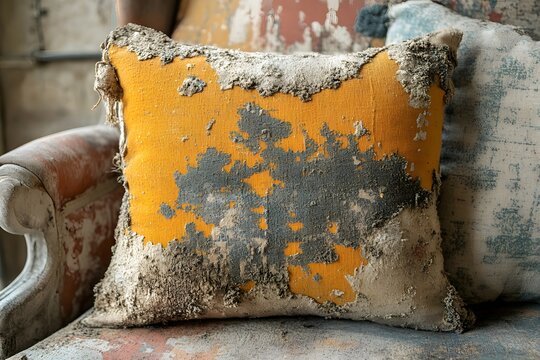 Distressed yellow throw pillow with rough textured fabric on a vintage armchair background