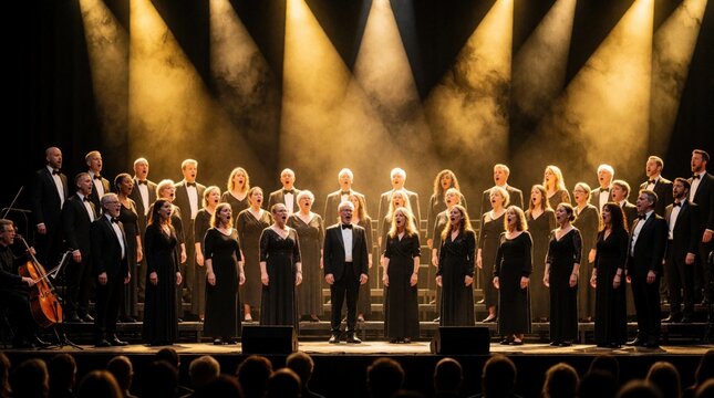 Choir performs complex song under golden stage lights. Diverse singers in formal wear create harmonious melody. Musicians practice vocal technique, artistic expression on stage. Group sings together