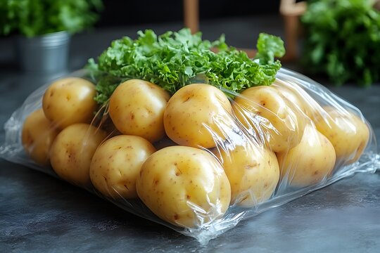 Fresh organic potatoes in a clear plastic bag with green lettuce on a dark kitchen tabletop