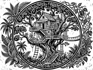 Naklejka premium Vintage Woodcut Illustration of a Detailed Tropical Treehouse
