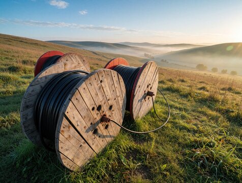 Large wooden cable spools sit on grassy hill during morning sunrise. Industrial wire reels remain outdoors in nature landscape with fog. Construction equipment rests in rural mountain valley. Power