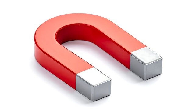 Isolated red horseshoe magnet with silver pole ends, metallic attraction symbol, science and physics concept