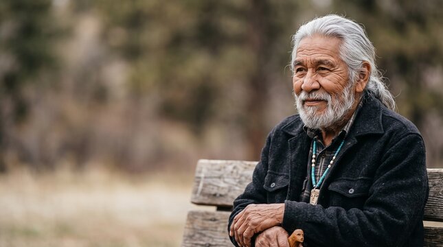 Elderly Indigenous man with white hair sitting on wooden park bench
