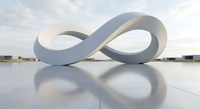 Monumental White Infinity Loop Sculpture in Minimalist Plaza | Futuristic Abstract Architectural Landmark