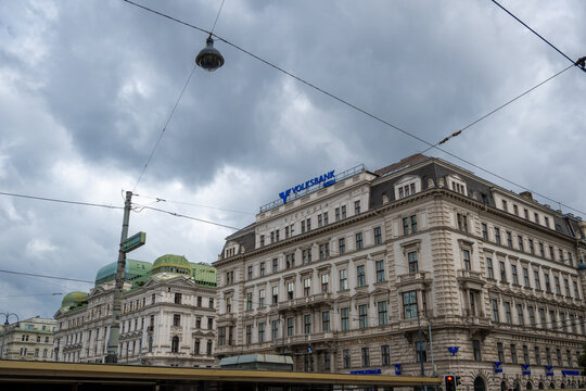 Vienna, Austria-July 9,2025. Photo shows a beautiful building at the city of Vienna with the logo of Volksbank at the roof. 