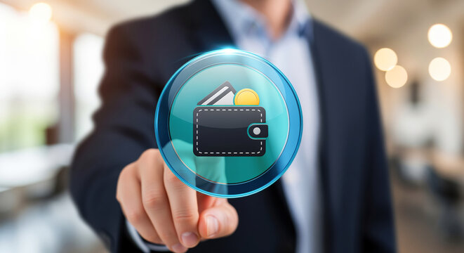 Card wallet icon holding a bank card above a coin of gold, cashless emblem for credit purchases and contactless checkout in banking offers, shopping promotions and payment publications