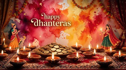 Obraz premium Diwali festival celebrates Dhanteras with lit diyas symbolizing prosperity. Coins pile high near women in traditional attire honoring wealth and fortune.