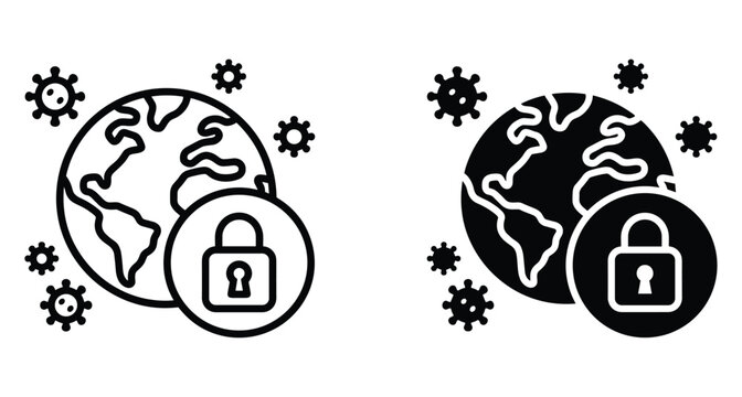 Global lockdown icon set showing earth globe with virus cells and padlock symbol representing pandemic travel restrictions world health security