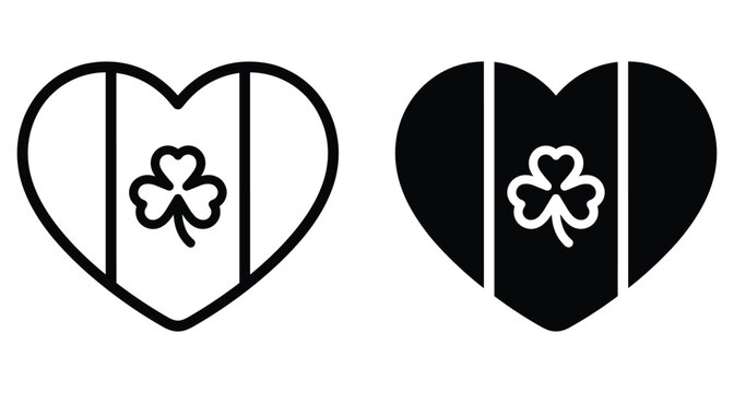 Heart shaped Irish flag icons with shamrock clover leaf symbol for Saint Patricks Day celebration and Ireland national heritage pride