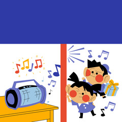 Cute Kids Music Party Illustration with Boombox and Dancing Characters