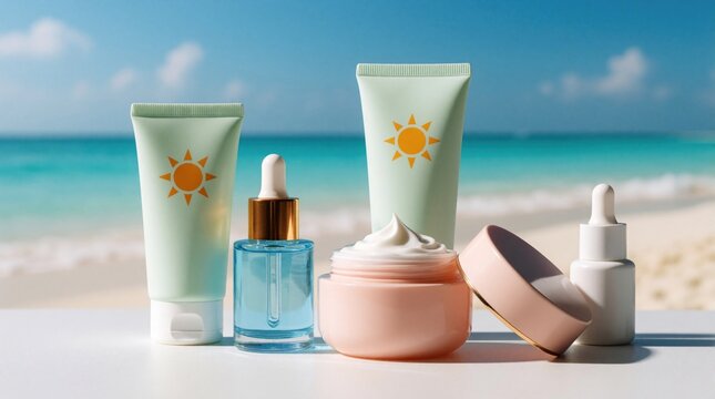 Luxury summer skincare products arranged on a white surface with ocean background. Sunscreen lotion serum and cream offer sun protection. Beauty collection for beach vacation.