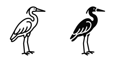 Naklejka premium Heron bird icon set featuring outline and solid silhouette designs of a standing crane for nature and wildlife graphic projects