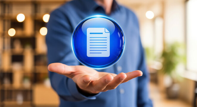 Report document icon floating in a glossy orb, summary emblem of typed findings, clear conclusions and tidy pages ready for monthly board reviews and detailed research publications