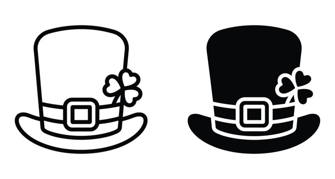 St Patricks Day leprechaun hat icon set with shamrock clover and buckle in outline and solid black silhouette vector style