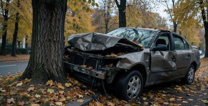 Damaged car rests against roadside tree after collision. Autumn leaves cover ground. Vehicle shows heavy front end destruction and side impact. Roadside scene depicts aftermath.