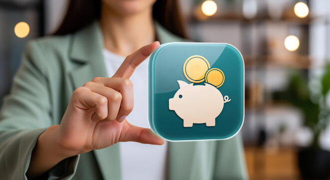 Thrift piggy bank icon under falling coins, saving emblem with rainy day funds, spare change habits and growing family reserves welcomed by household budgeting advice and deposit promotions